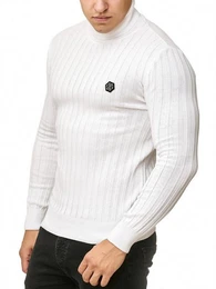 Strickpullover Rollkragen Strickpullover mit Logopatch Wei XL hoher Rollkrage