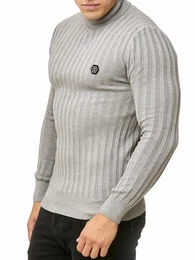 Strickpullover Rollkragen Strickpullover mit Logopatch Grau L hoher Rollkrage