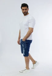 Denim House Jeansshorts Jeanscapri mit heller Waschung und coolem Print Blau