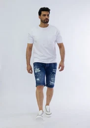 Jeansshorts Jeanscapri im mit heller Waschung und Coolem Print Blau 38