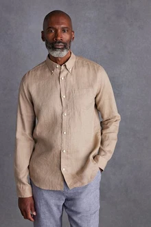 Next Langarmhemd aus Leinengemisch Braun/Beige/Khaki