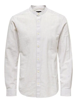 ONLY & SONS Langarmhemd ONSCAIDEN LS MAO STRIPE LINEN SHIRT NOOS Weiß/Khaki/Creme