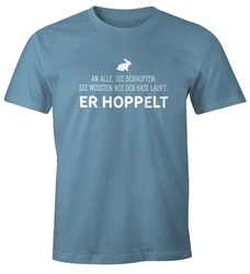 MoonWorks Print-Shirt Herren T-Shirt Spruch an alle die wissen wie der Hase läuft Hellblau