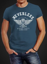 Neverless Print-Shirt Herren T-Shirt Biker Motorrad Motorblock Engine Flügel Wings Slim Fit Blau/Türkis/Dunkelblau/Grau