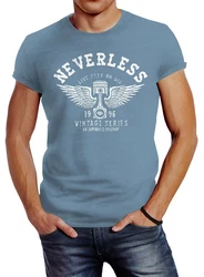 Neverless Print-Shirt Herren T-Shirt Biker Motorrad Motorblock Engine Flügel Wings Slim Fit Blau/Rosa/Hellblau
