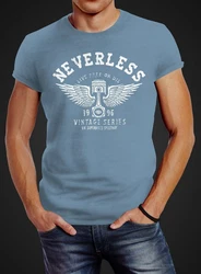Neverless Print-Shirt Herren T-Shirt Biker Motorrad Motorblock Engine Flügel Wings Slim Fit Blau/Rosa/Hellblau