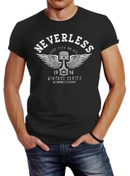 Neverless Print-Shirt Herren T-Shirt Biker Motorrad Motorblock Engine Flügel Wings Slim Fit Rosa/Schwarz/Lila