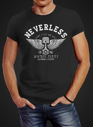 Neverless Print-Shirt Herren T-Shirt Biker Motorrad Motorblock Engine Flügel Wings Slim Fit Rosa/Schwarz/Lila