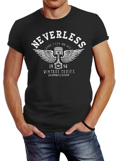 Neverless Print-Shirt Herren T-Shirt Biker Motorrad Motorblock Engine Flügel Wings Slim Fit Rosa/Schwarz/Lila