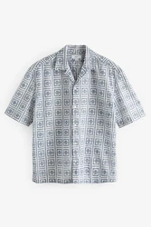 Next Kurzarmhemd mit Lochstickerei Blau/Grau