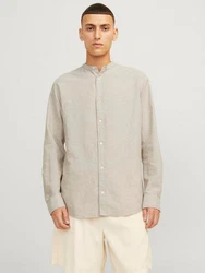 Jack & Jones Langarmhemd JJELINEN BLEND BAND SHIRT LS SN Weiß/Khaki/Beige