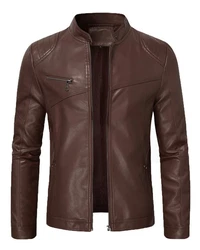 Allthemen Herren Bikerjacke mit Stehkragen Dunkelbraun/Dunkelrot/Braun/Bordeaux