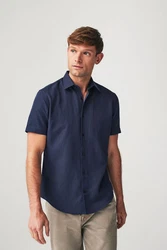 Next Businesshemd Regular Fit Kurzarmhemd Struktur-Leinenmix Blau/Hellblau/Dunkelblau