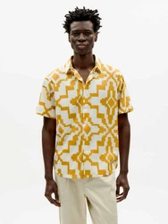 Thinking Mu Kurzarmhemd Tom Shirt Beige/Gelb/Braun/Gold