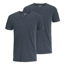 Jack & Jones T-Shirt 2er Pack mit Splitneck-Ausschnitt Dunkelblau/Blau/Dunkelgrau/Grau