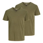 Jack & Jones T-Shirt 2er Pack mit Splitneck-Ausschnitt Dunkelgrün/Khaki