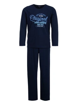 Henry Terre Schlafanzug Pyjama Set Langarm Dunkelblau