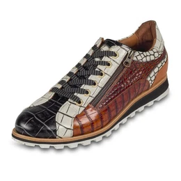 Herren Leder-Sneaker schwarz/braun/wei, Reptilprgung, Reiverschlu Sneaker Handgefertig in Italien