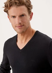 s.Oliver Strickpullover mit V-Ausschnitt und Logo Schwarz/Dunkelgrau