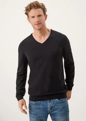 s.Oliver Strickpullover mit V-Ausschnitt und Logo Schwarz/Dunkelgrau