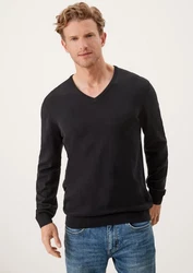 s.Oliver Strickpullover mit V-Ausschnitt und Logo Schwarz/Dunkelgrau