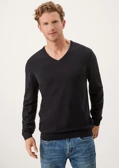 s.Oliver Strickpullover mit V-Ausschnitt und Logo Schwarz/Dunkelgrau