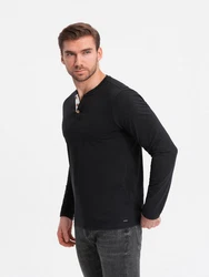 OMBRE Herren Longsleeve mit Knöpfen am Halsausschnitt Schwarz/Hellblau