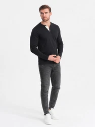 OMBRE Herren Longsleeve mit Knöpfen am Halsausschnitt Schwarz/Hellblau