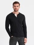 OMBRE Herren Longsleeve mit Knöpfen am Halsausschnitt Schwarz/Hellblau