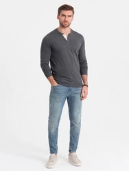 OMBRE Herren Longsleeve mit Knöpfen am Halsausschnitt Dunkelgrau/Hellgrau/Grau