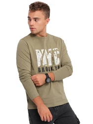 Ombre Herren Longsleeve mit Kartenmotiv-Print Dunkelgrün/Khaki