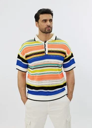 Poloshirt Herren Feinstrick Polo mit ausgefallenem Muster Beige M