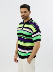 Denim House Poloshirt Herren Feinstrick Polo mit ausgefallenem Muster Schwarz