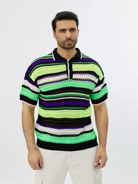 Poloshirt Herren Feinstrick Polo mit ausgefallenem Muster Schwarz L