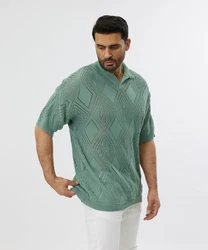Denim House Poloshirt Lässiges Herren Oversized Sommer Feinstrick Poloshirt Grün