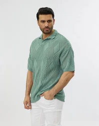 Denim House Poloshirt Lässiges Herren Oversized Sommer Feinstrick Poloshirt Grün