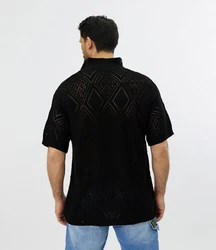 Denim House Poloshirt Lässiges Herren Oversized Sommer Feinstrick Poloshirt Schwarz