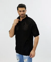 Denim House Poloshirt Lässiges Herren Oversized Sommer Feinstrick Poloshirt Schwarz