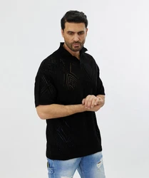 Denim House Poloshirt Lässiges Herren Oversized Sommer Feinstrick Poloshirt Schwarz