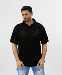 Denim House Poloshirt Lässiges Herren Oversized Sommer Feinstrick Poloshirt Schwarz