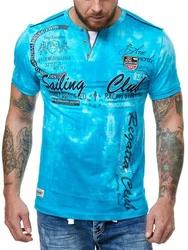 L.gonline Herren T-Shirt mit Knopfleiste Hellblau/Blau