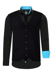 Rusty Neal Langarmhemd mit Weste und Krawatte Blau/Schwarz/Hellblau/Türkis