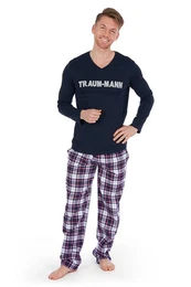 Schlafanzug Pyjama Herren - TRAUMMANN LANG - dunkelblau/karo