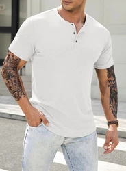 JMIERR T-Shirt Henley Shirt Kurzarm Muscle Slim Fit Basic Sommer Braun/Schwarz/Weiß/Khaki/Creme/Beige