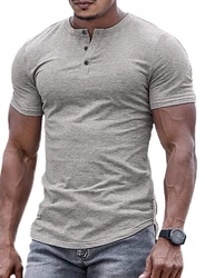 JMIERR T-Shirt Henley Shirt Kurzarm Muscle Slim Fit Basic Sommer Grau/Hellgrau