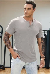 JMIERR T-Shirt Henley Shirt Kurzarm Muscle Slim Fit Basic Sommer Grau/Hellgrau