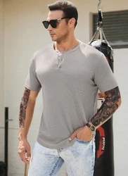 JMIERR T-Shirt Henley Shirt Kurzarm Muscle Slim Fit Basic Sommer Grau/Hellgrau