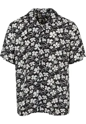 URBAN CLASSICS Kurzarmhemd Urban Classics Herren Viscose AOP Resort Shirt Schwarz/Weiß