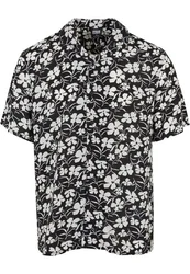 URBAN CLASSICS Kurzarmhemd Urban Classics Herren Viscose AOP Resort Shirt Schwarz/Weiß