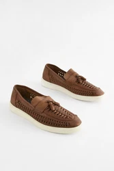 Next Lederslipper mit geflochtenem Steg Braun/Beige/Creme/Khaki